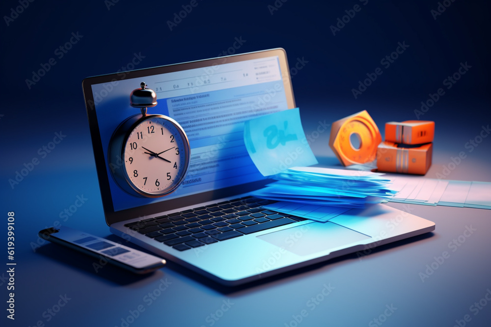 3D business invoice transaction for payment on laptop with clock alert notification. Business using invoice bill, transaction with credit card concept. 3d receipt vector icon render illustration 3D business invoice transaction for payment on laptop with clock alert notification. Business using invoice bill, transaction with credit card concept. 3d receipt vector icon render illustration