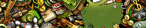 Casino hand drawn doodle banner. Cartoon vector detailed flyer.