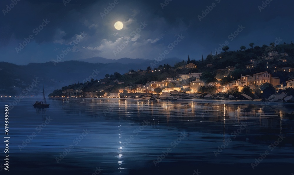  a night scene with a boat in the water and a full moon in the sky.  generative ai