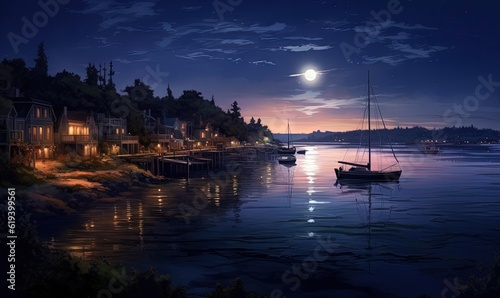  a painting of a night scene with a boat in the water.  generative ai © Olga
