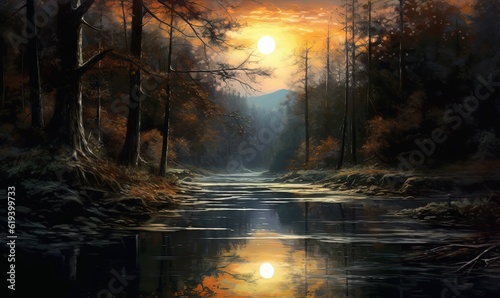  a painting of a sunset in a forest with a river running through it.  generative ai © Olga