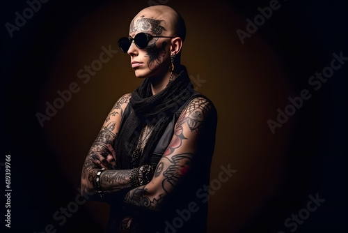 A bald young woman with tatoos and sunglasses, portrait shot in studio, isolated on black background. Generative AI