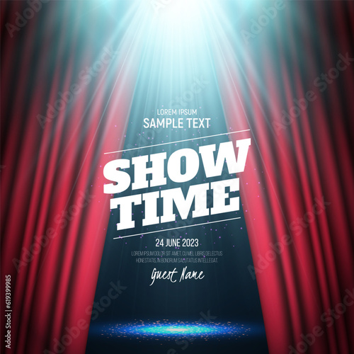 Red curtain illuminated by spotlight. Vector illustration.