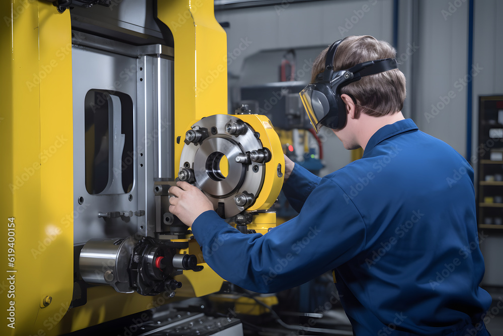 A skilled factory worker performing precision measurements and adjustments on machinery, ensuring optimal performance and minimizing downtime. Generative AI A skilled factory worker performing precision measurements and adjustments on machinery, ensuring optimal performance and minimizing downtime. Generative AI