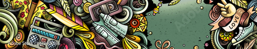 Hippie hand drawn doodle banner. Cartoon detailed illustrations.