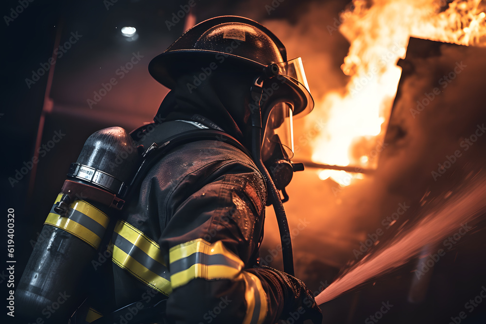 A firefighter extinguishing a blazing fire, bravely risking their lives to protect others. Generative AI - obrazy, fototapety, plakaty 