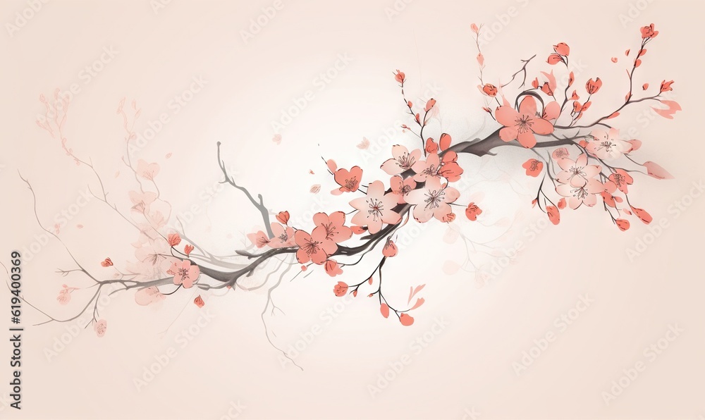  a branch with pink flowers on a light pink background with space for text.  generative ai