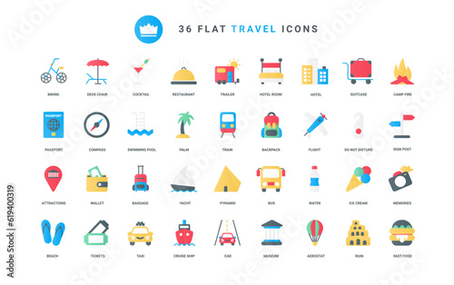 Transport for journey, ticket to sightseeing destination, passport and suitcase, compass and wallet of tourist. Travel and summer vacation, tourism trendy flat icons set vector illustration