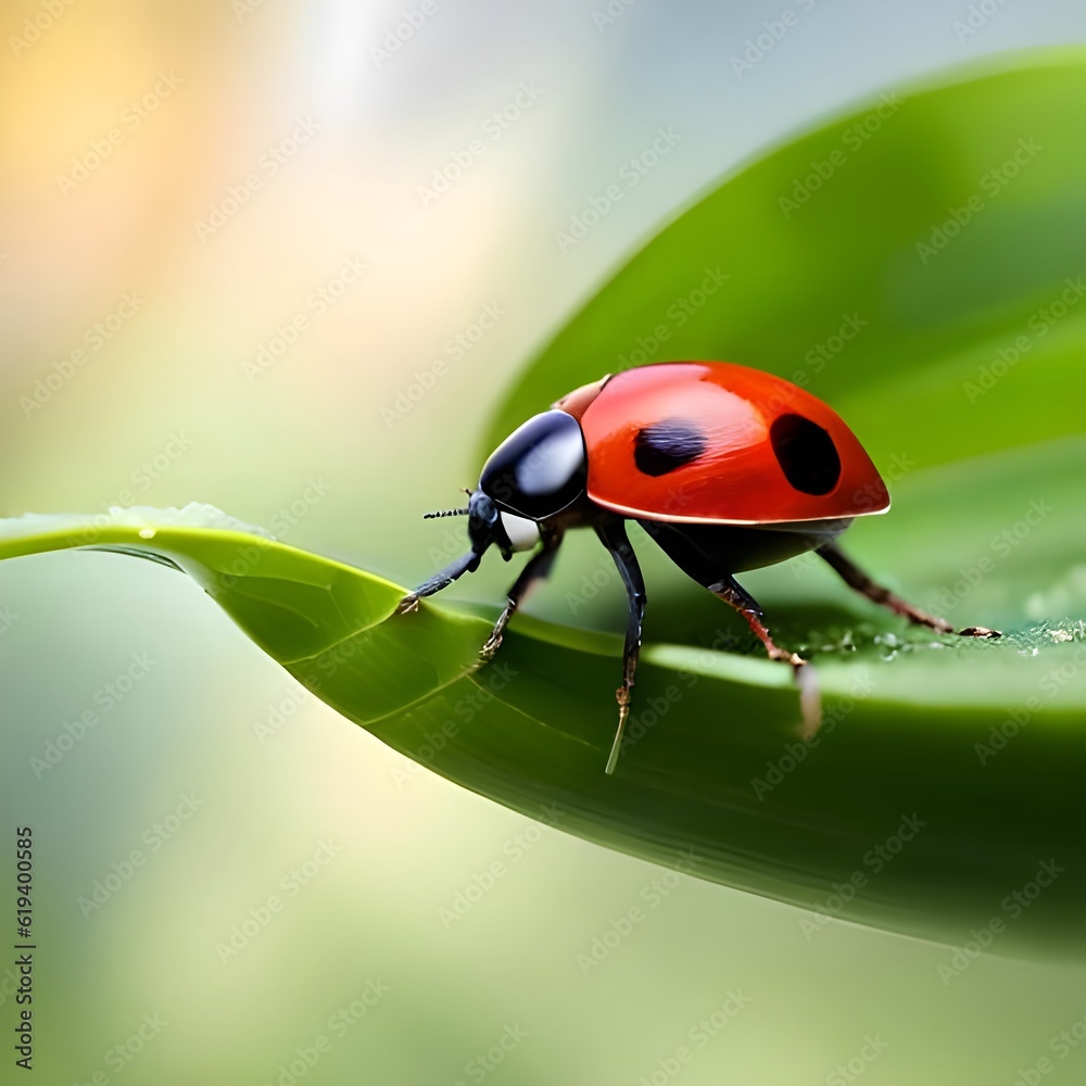 Fototapeta premium ladybug on green leaf Generative AI
