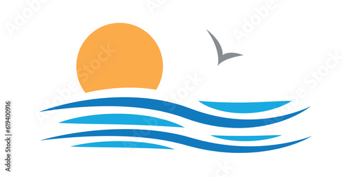 Vector sign abstract summer holiday, sun on waves sea with seagull