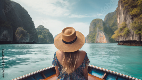 Rear view of young girl in hat and dress sitting on the end of a boat on Phi Phi Island., generative Ai © Nakron