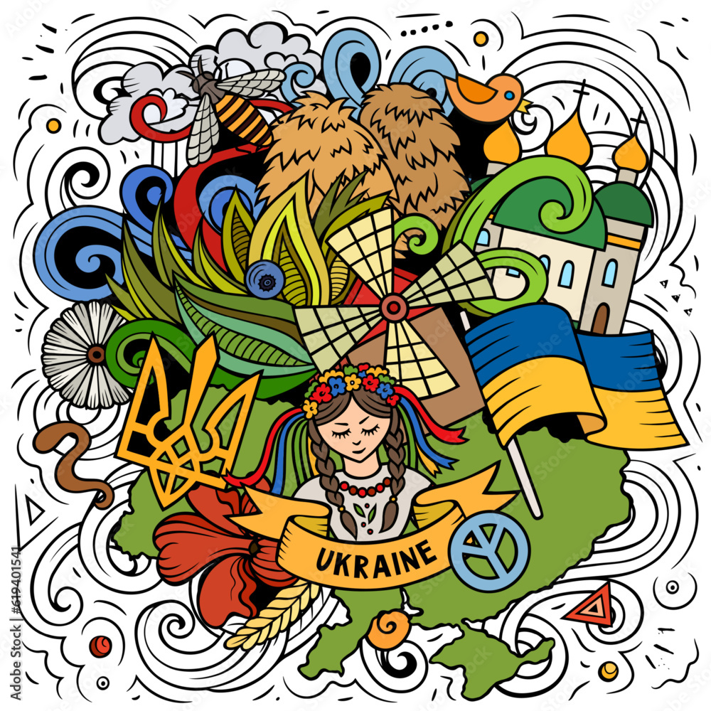 Obraz premium Ukraine cartoon doodle illustration. Funny Ukrainian design. Creative vector background with Europeian country elements and objects
