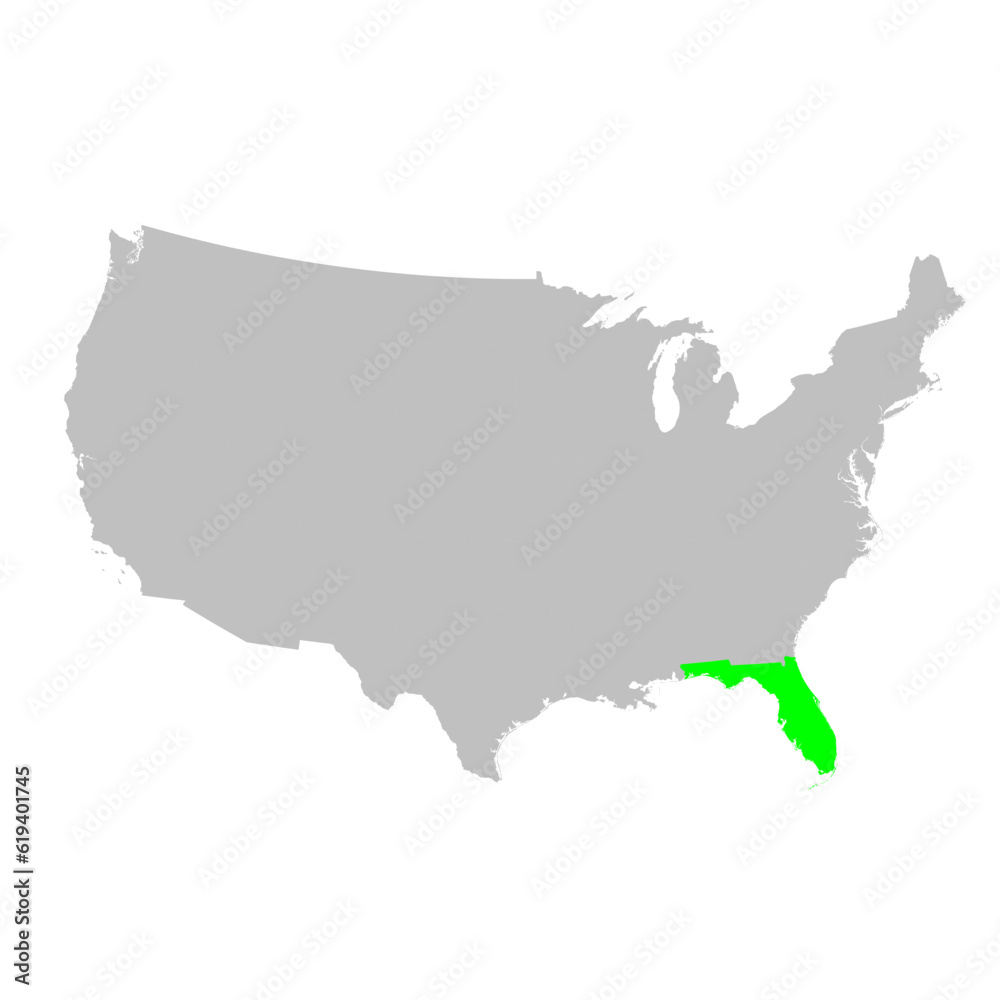 Vector map of the state of Florida highlighted highlighted in bright green on a map of United States of America.