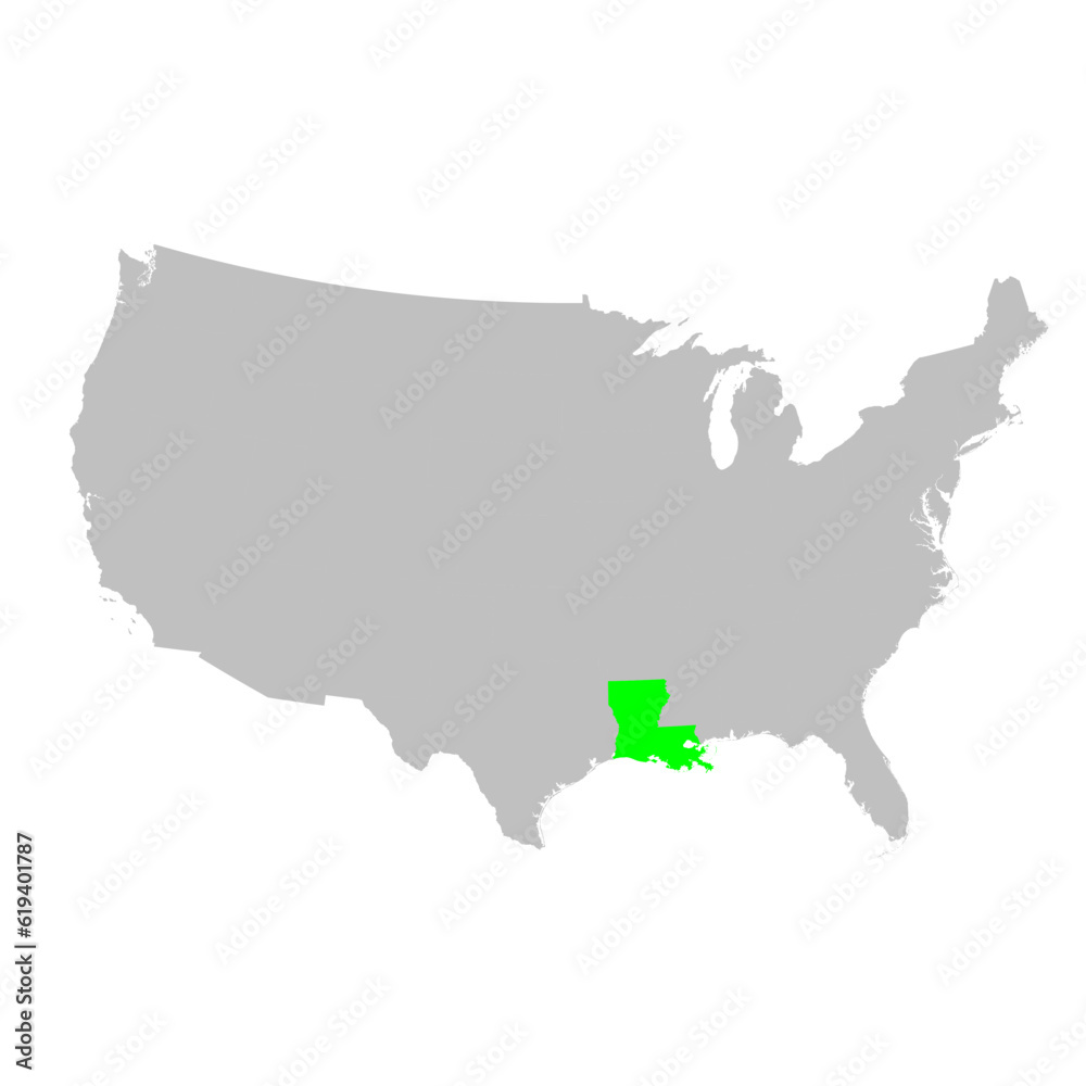 Vector map of the state of Louisiana highlighted highlighted in bright green on a map of United States of America.