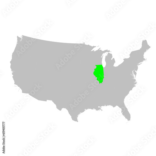 Vector map of the state of Illinois highlighted highlighted in bright green on a map of United States of America.
