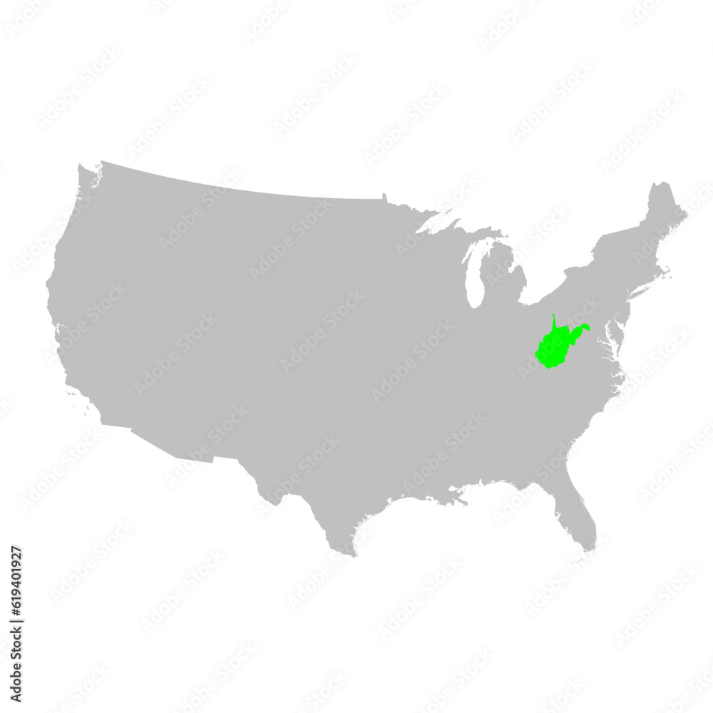 Vector map of the state of West Virginia highlighted highlighted in bright green on a map of United States of America.