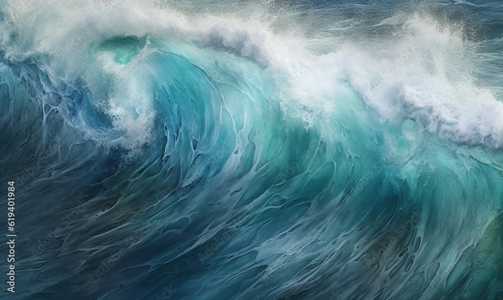  a painting of a large blue wave in the ocean with white foam.  generative ai