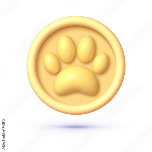 Golden paw 3d on white background. Isolated graphic template. Vector cartoon illustration