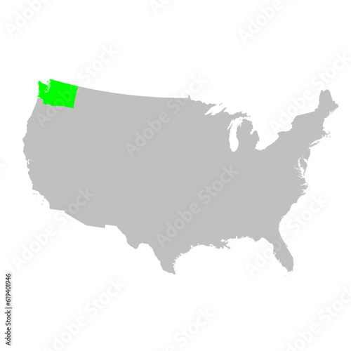 Vector map of the state of Washington highlighted highlighted in bright green on a map of United States of America.