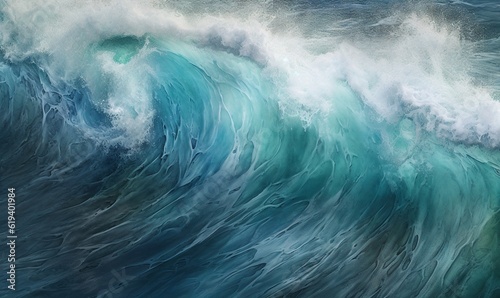  a painting of a large blue wave in the ocean with white foam. generative ai