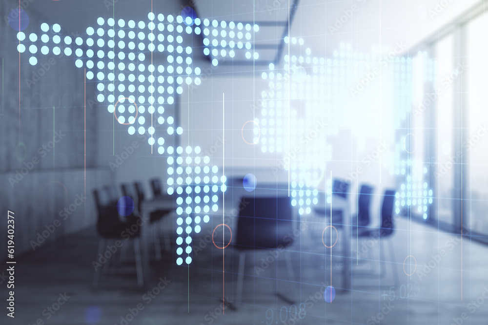 Double exposure of abstract digital world map on a modern meeting room background, research and strategy concept