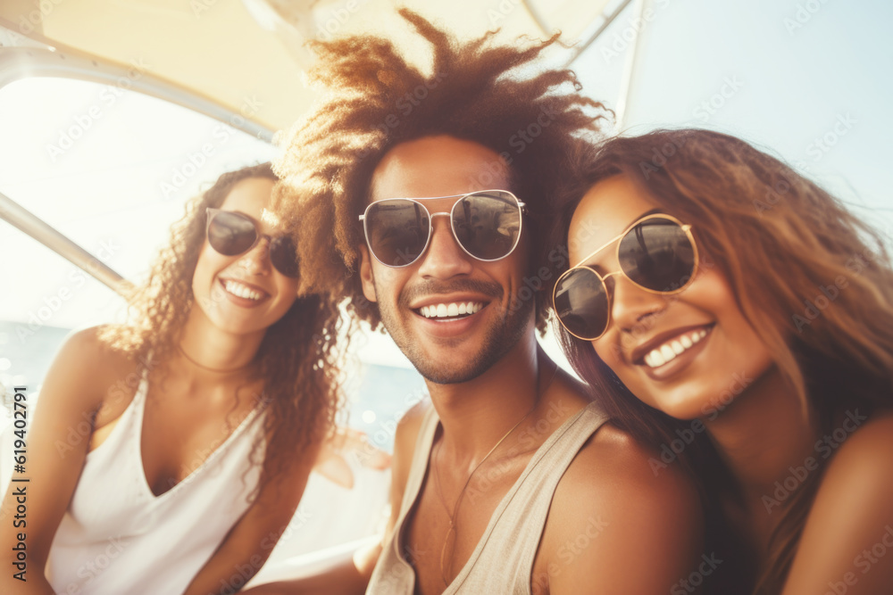 Group of mix race young people having a party on the luxury yacht