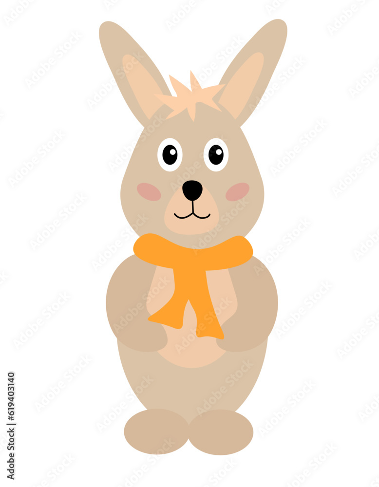 Fototapeta premium Cute rabbit with scarf. Autumn cartoon forest animal. Concept for children design. Vector flat illustration.