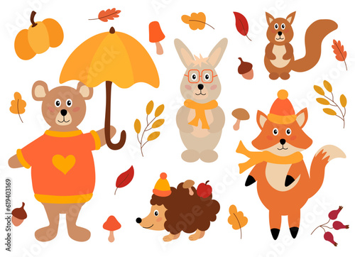 Set cute autumn animals with hat, scarf, umbrella. Wild hare, hedgehog, fox, squirrel and bear. Cozy Fall. Vector illustration in flat style.
