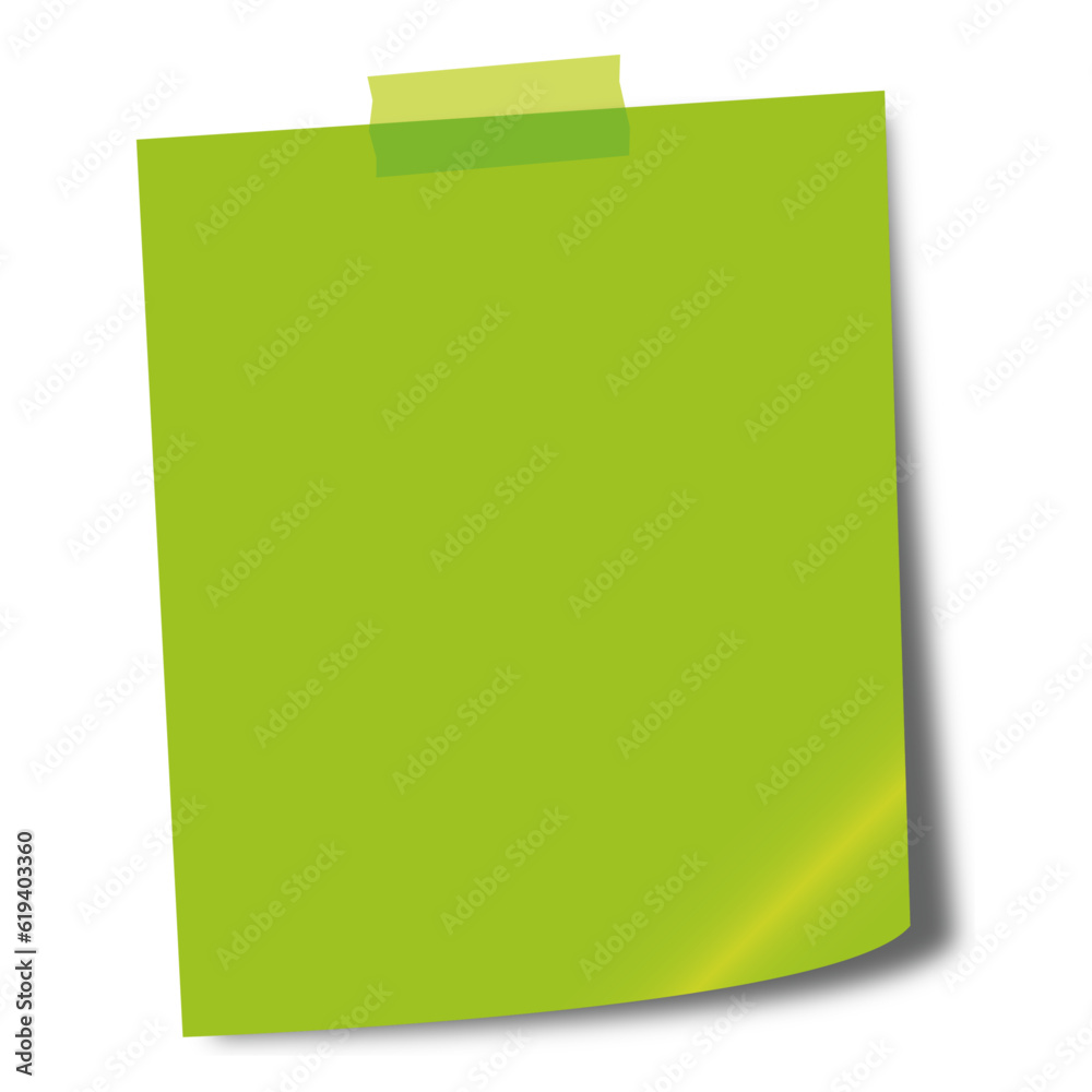 Green post it glued to the board with tape isolated on transparent background. Sticky note with shadow. Green post it glued to the board with tape isolated on transparent background. Sticky note with shadow.