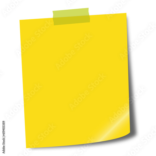Yellow post-it note glued to the board with tape isolated on transparent background. Post it notes with shadow.