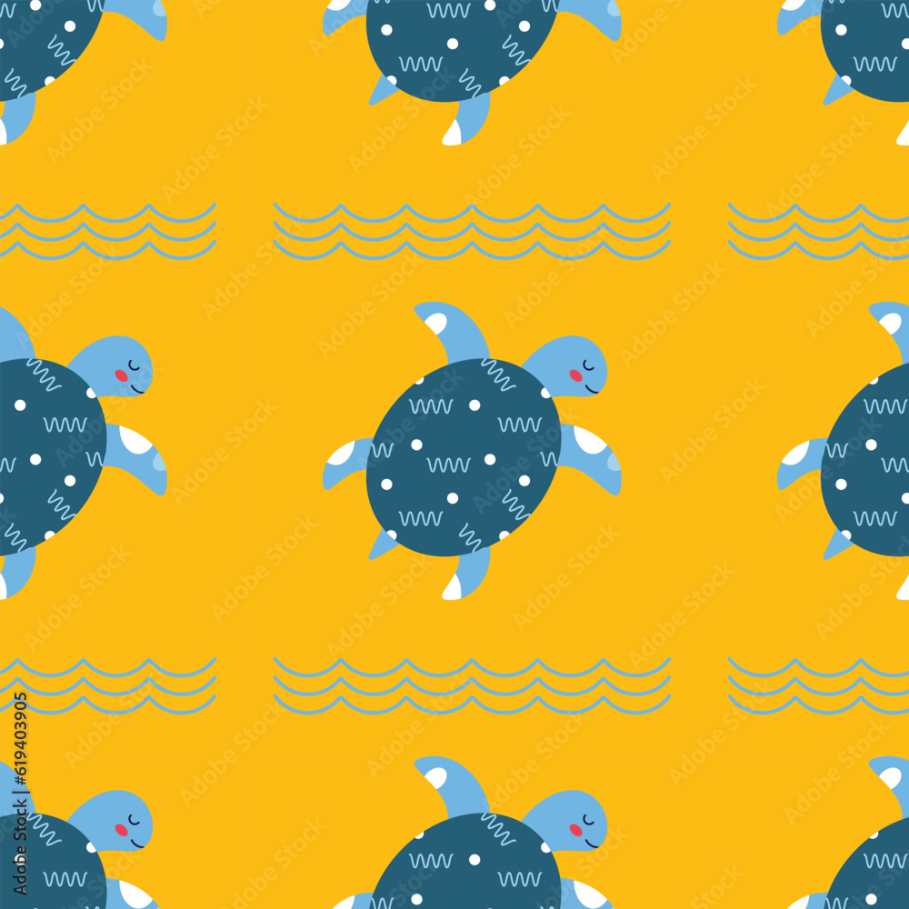 Naklejka premium Pattern on a marine theme with turtle, ornament.