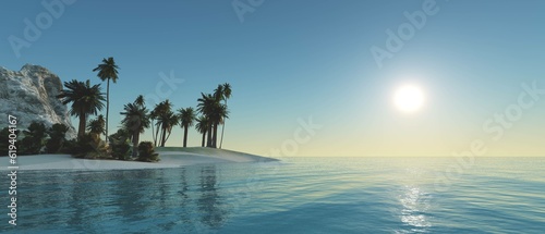 Beautiful beach with palm trees at sunset  panorama of a tropical landscape  sea sunset  3d rendering
