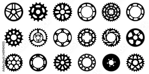 Set of black bike sprocket icon. Gear mechanism icon collection