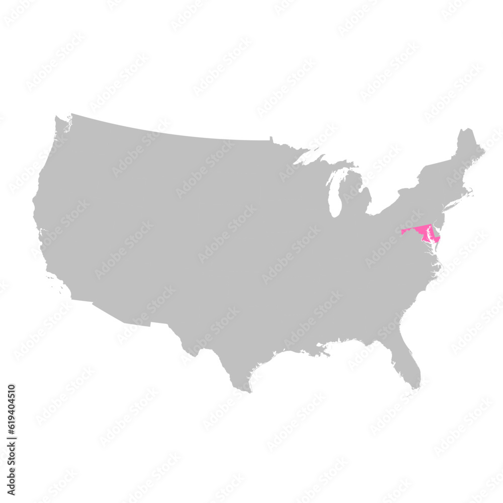 Fototapeta premium Vector map of the state of Maryland highlighted highlighted in bright pink on a map of United States of America.