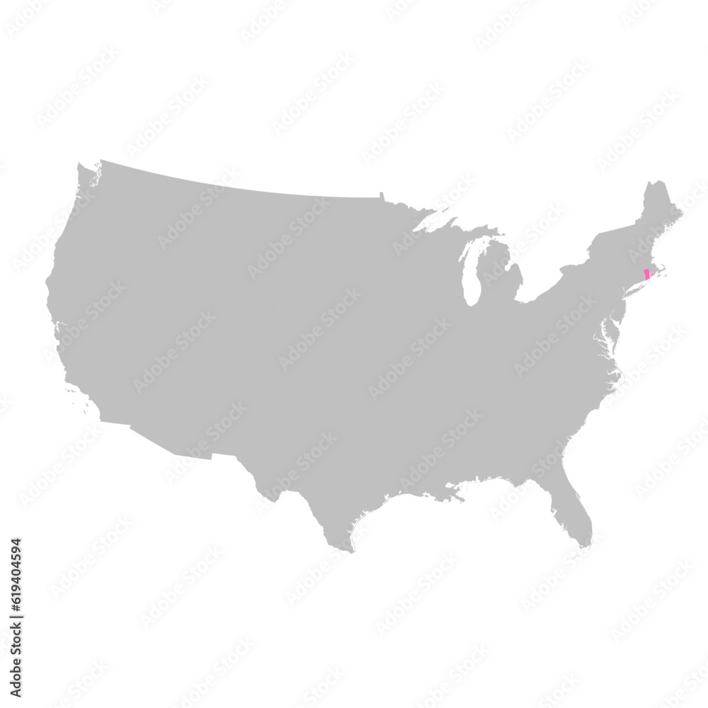 Fototapeta premium Vector map of the state of Rhode Island highlighted highlighted in bright pink on a map of United States of America.