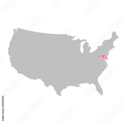 Vector map of the state of Maryland highlighted highlighted in bright pink on a map of United States of America.