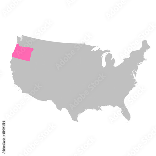 Vector map of the state of Oregon highlighted highlighted in bright pink on a map of United States of America.