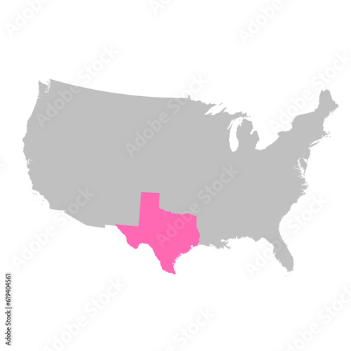 Vector map of the state of Texas highlighted highlighted in bright pink on a map of United States of America.
