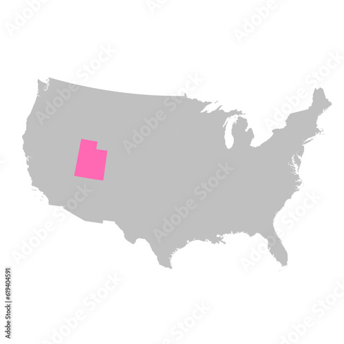 Vector map of the state of Utah highlighted highlighted in bright pink on a map of United States of America.