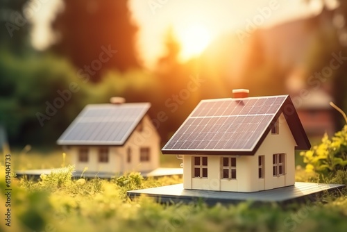 two small houses with solar panels at sunset, blurry background