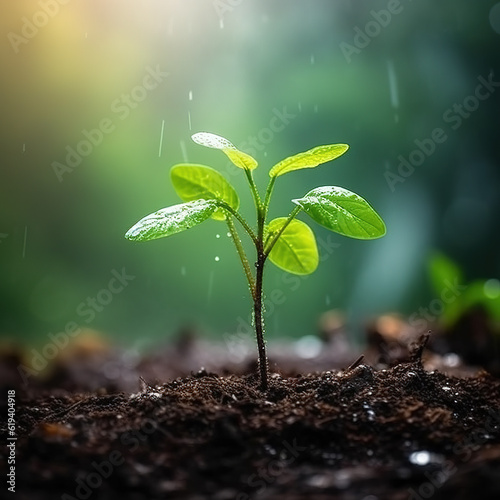 The concepts of plant growth are growing on the fertile soil in nature and morning light.