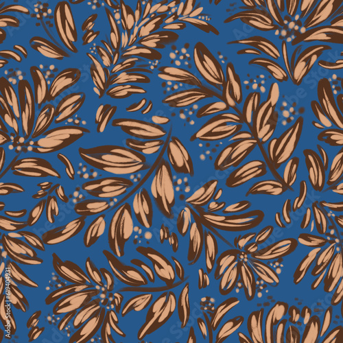 Seamless floral pattern with bright colorful flowers and leaves. Elegant template for fashion prints. Modern floral background. Fashionable folk style. Ethnic style. Ornament for clothes, accessories