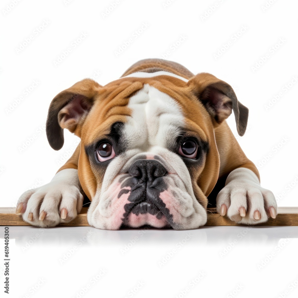 AI generated illustration of a Bulldog perched atop a white background, gazing into the camera AI generated illustration of a Bulldog perched atop a white background, gazing into the camera