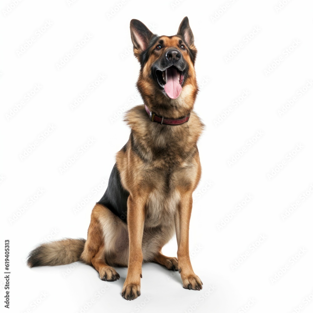 AI generated illustration of an Old German Shepherd Dog perched atop a white background