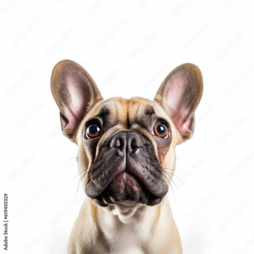 AI generated illustration of a French Bulldog
perched atop a white background