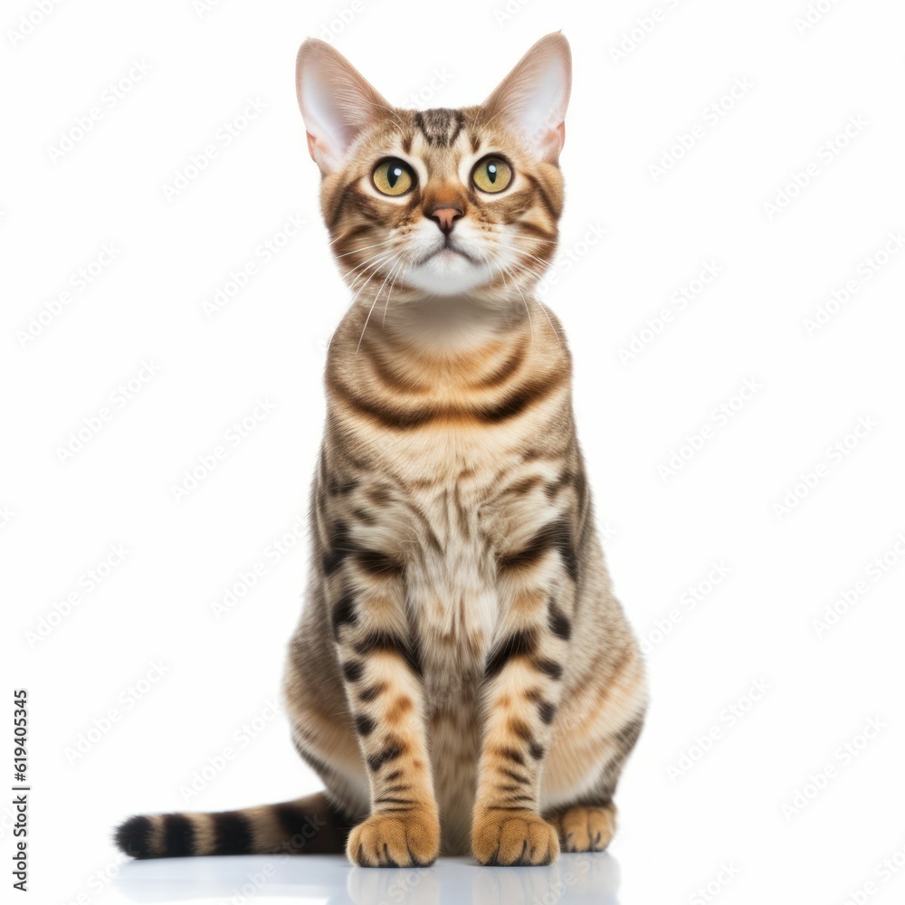 AI generated illustration of a Bengal cat
perched atop a white background, gazing into the camera