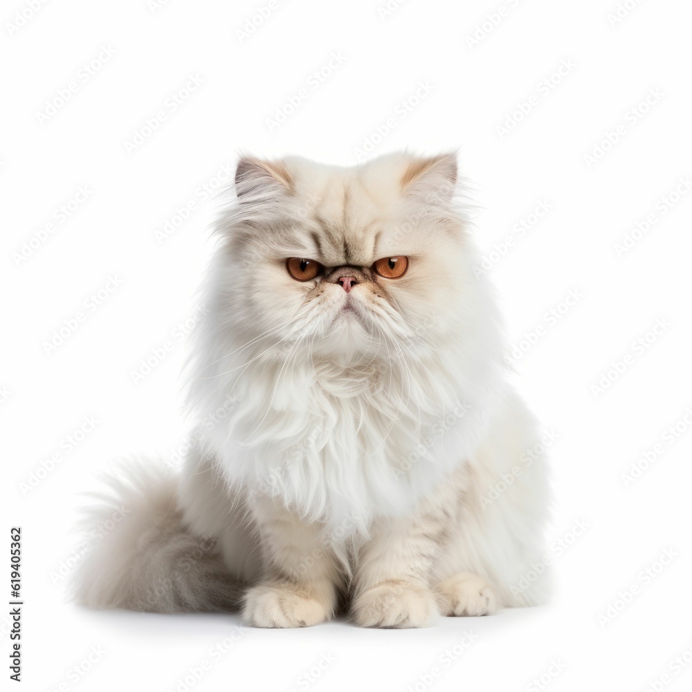 AI generated illustration of a white cat perched atop a white background, gazing into the camera AI generated illustration of a white cat perched atop a white background, gazing into the camera
