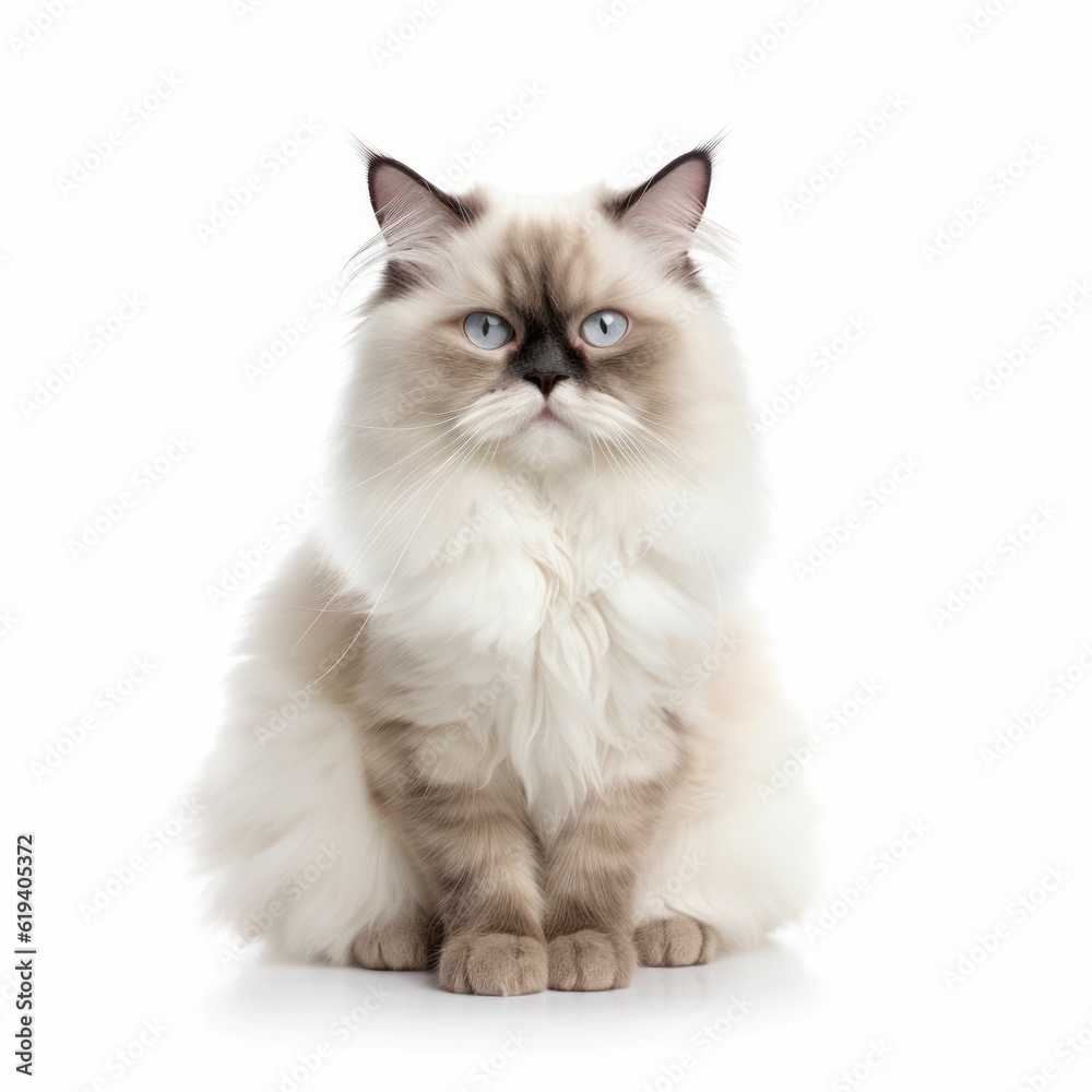 AI generated illustration of a cat perched atop a white background, gazing into the camera