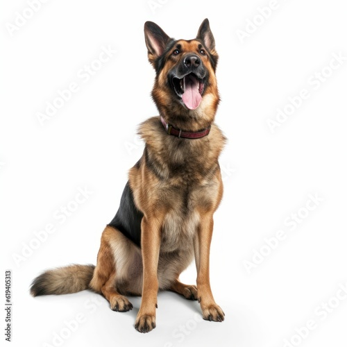 AI generated illustration of an Old German Shepherd Dog perched atop a white background