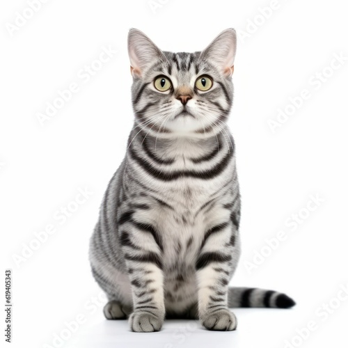 AI generated illustration of a Tabby cat perched atop a white background, gazing into the camera © Captura/Wirestock Creators
